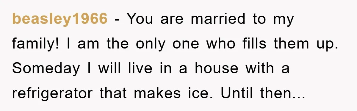 beasley1966 − You are married to my family! I am the only one who fills them up. Someday I will live in a house with a refrigerator that makes ice....