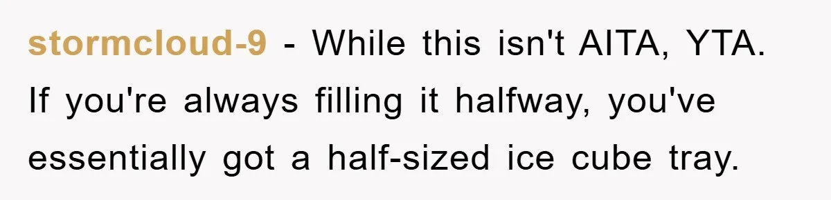 stormcloud-9 − While this isn't AITA, YTA. If you're always filling it halfway, you've essentially got a half-sized ice cube tray.