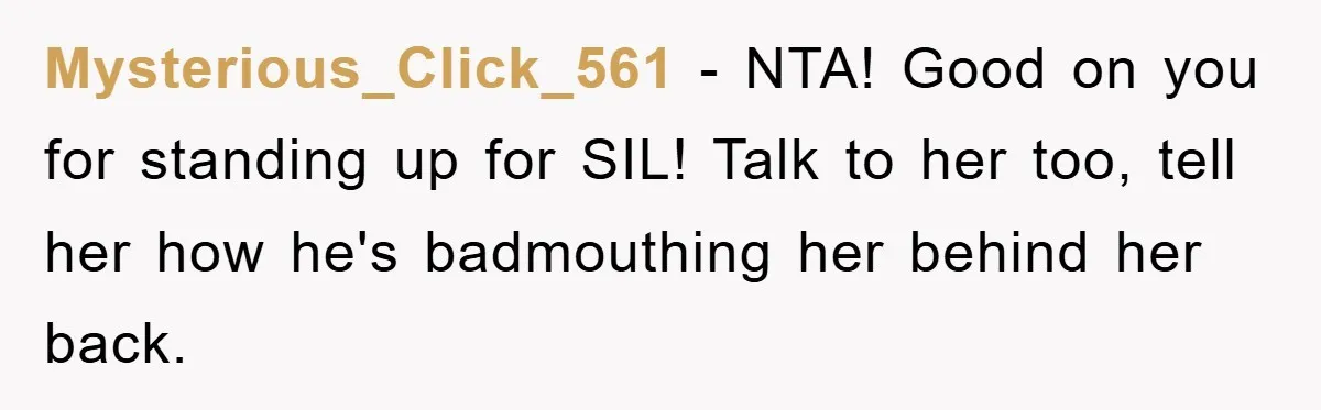Mysterious_Click_561 − NTA! Good on you for standing up for SIL! Talk to her too, tell her how he's badmouthing her behind her back.