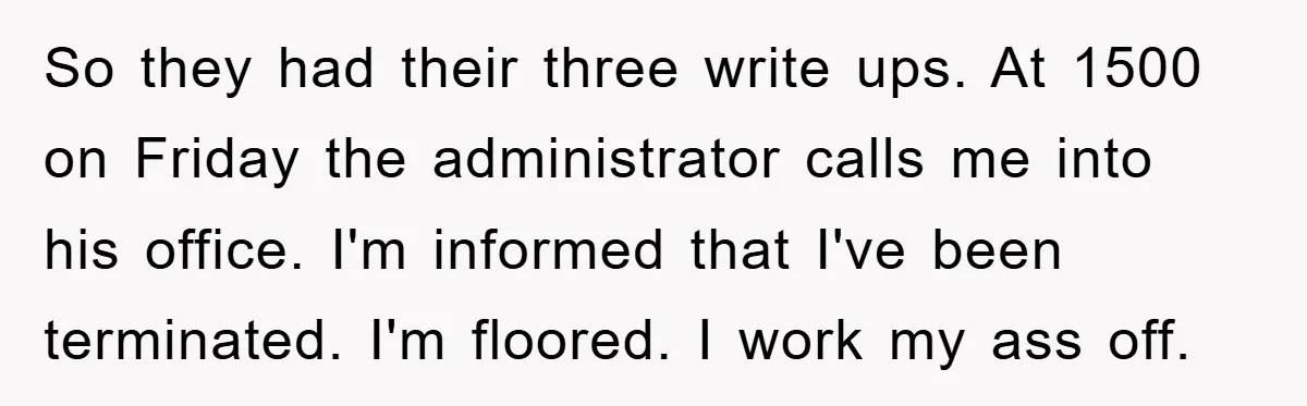 So they had their three write ups. At 1500 on Friday the administrator calls me into his office. I'm informed that I've been terminated. I'm floored. I work my ass...