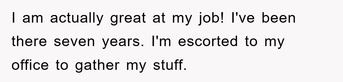 I am actually great at my job! I've been there seven years. I'm escorted to my office to gather my stuff.