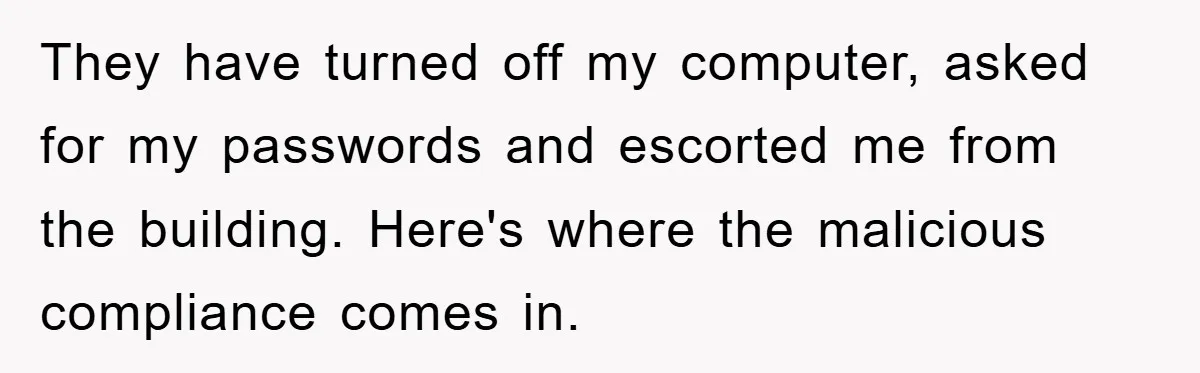 They have turned off my computer, asked for my passwords and escorted me from the building. Here's where the malicious compliance comes in.