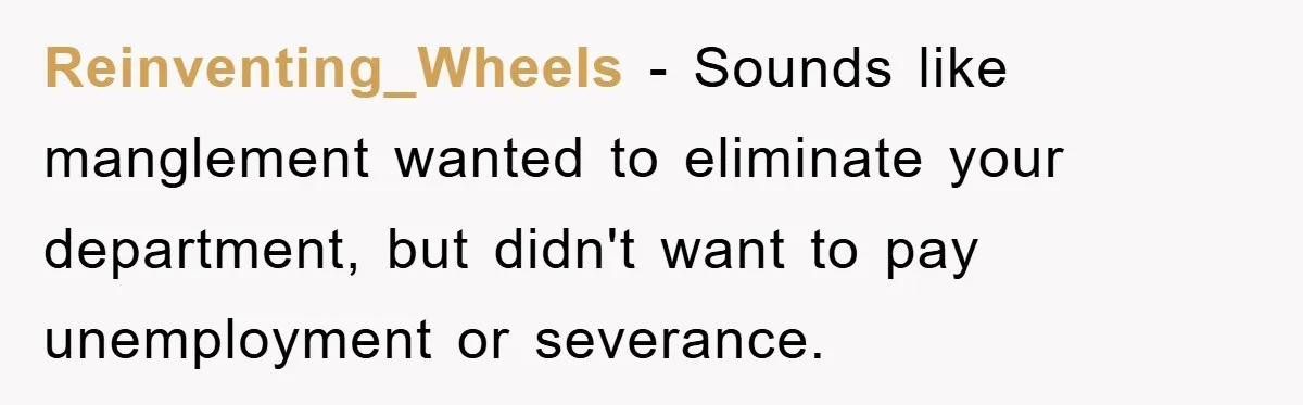 Reinventing_Wheels − Sounds like manglement wanted to eliminate your department, but didn't want to pay unemployment or severance.