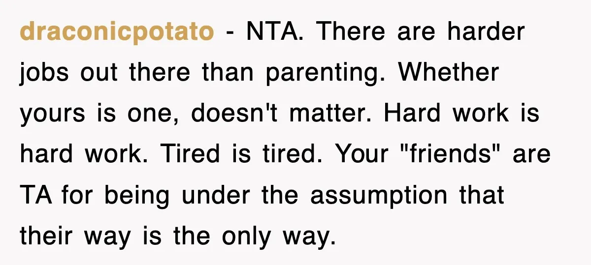 draconicpotato − NTA. There are harder jobs out there than parenting. Whether yours is one, doesn't matter. Hard work is hard work. Tired is tired. Your "friends" are TA for...