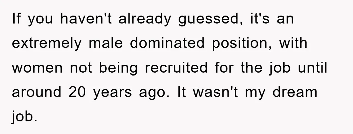 If you haven't already guessed, it's an extremely male dominated position, with women not being recruited for the job until around 20 years ago. It wasn't my dream job.