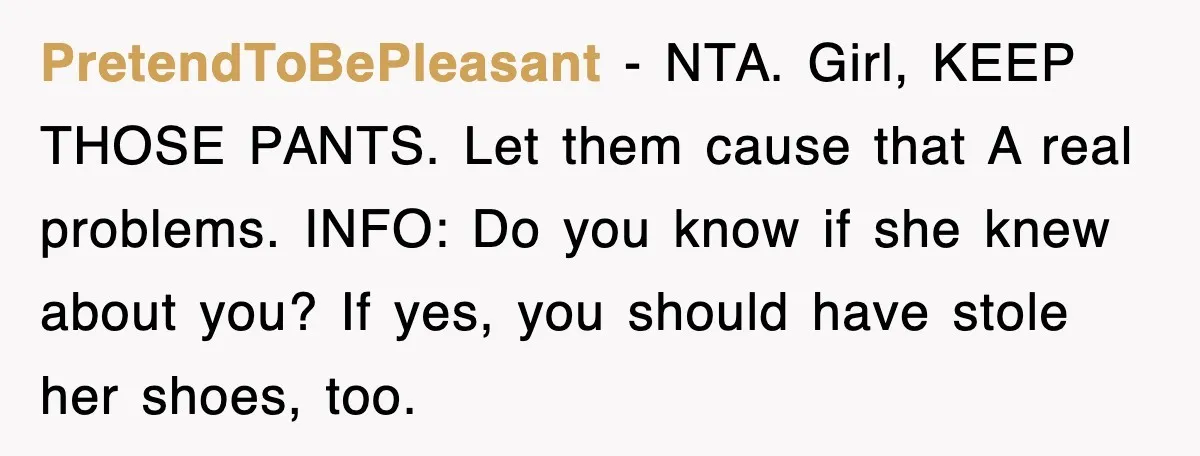 PretendToBePleasant − NTA. Girl, KEEP THOSE PANTS. Let them cause that A real problems. INFO: Do you know if she knew about you? If yes, you should have stole her...