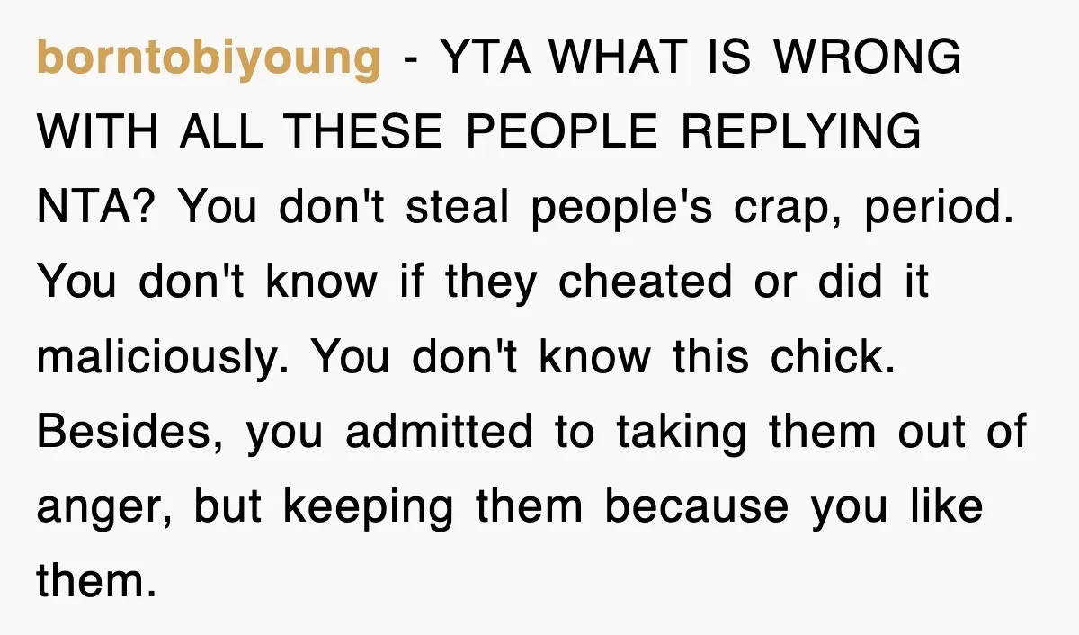 borntobiyoung − YTA WHAT IS WRONG WITH ALL THESE PEOPLE REPLYING NTA? You don't steal people's crap, period. You don't know if they cheated or did it maliciously. You don't...