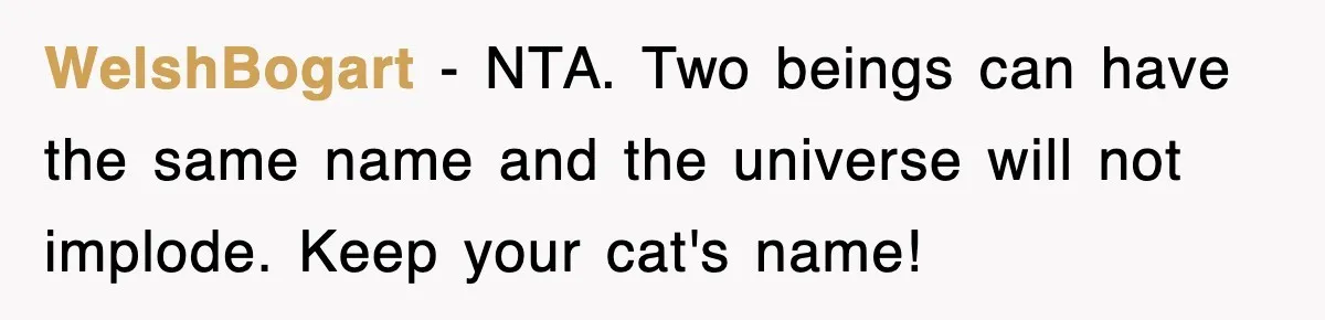 WelshBogart − NTA. Two beings can have the same name and the universe will not implode. Keep your cat's name!