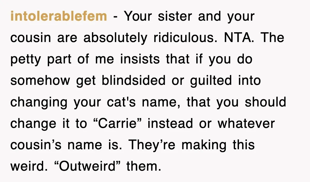 intolerablefem − Your sister and your cousin are absolutely ridiculous. NTA. The petty part of me insists that if you do somehow get blindsided or guilted into changing your cat's...