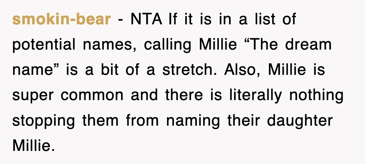smokin-bear − NTA If it is in a list of potential names, calling Millie “The dream name” is a bit of a stretch. Also, Millie is super common and there...