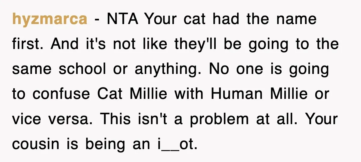 hyzmarca − NTA Your cat had the name first. And it's not like they'll be going to the same school or anything. No one is going to confuse Cat Millie...