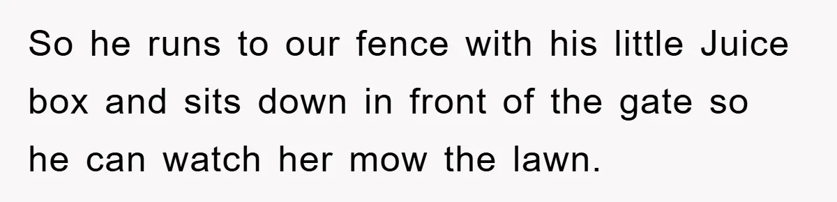 So he runs to our fence with his little Juice box and sits down in front of the gate so he can watch her mow the lawn.