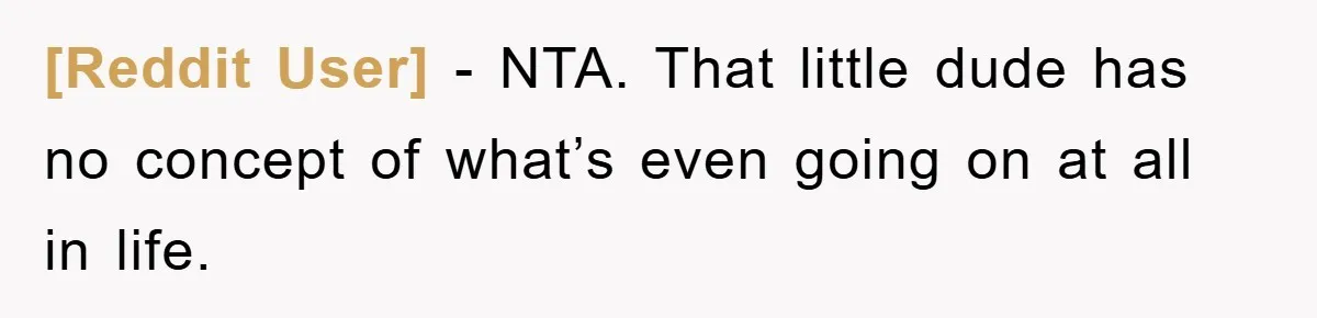 [Reddit User] − NTA. That little dude has no concept of what’s even going on at all in life.