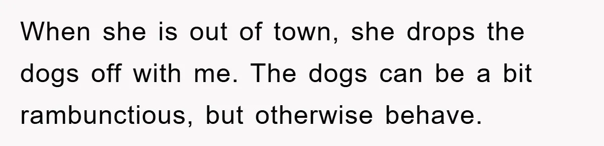 When she is out of town, she drops the dogs off with me. The dogs can be a bit rambunctious, but otherwise behave.
