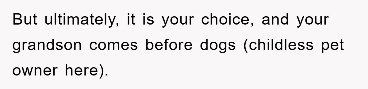 But ultimately, it is your choice, and your grandson comes before dogs (childless pet owner here).