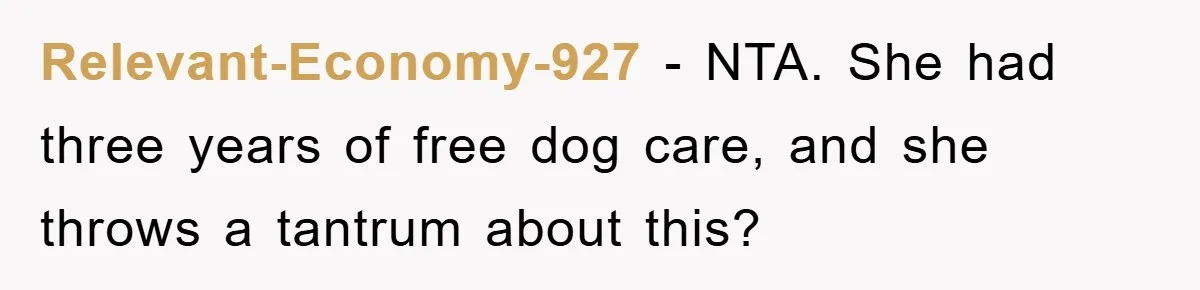 Relevant-Economy-927 − NTA. She had three years of free dog care, and she throws a tantrum about this?