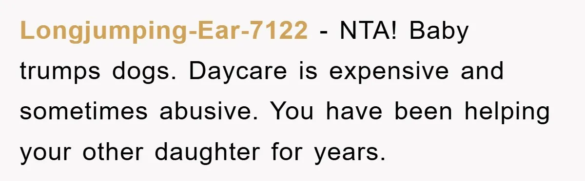 Longjumping-Ear-7122 − NTA! Baby trumps dogs. Daycare is expensive and sometimes abusive. You have been helping your other daughter for years.