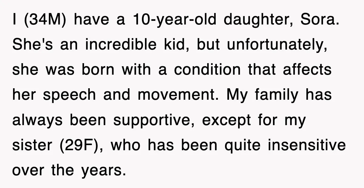 I (34M) have a 10-year-old daughter, Sora. She's an incredible kid, but unfortunately, she was born with a condition that affects her speech and movement. My family has always been...