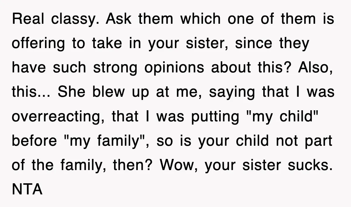 Real classy. Ask them which one of them is offering to take in your sister, since they have such strong opinions about this? Also, this... She blew up at me,...
