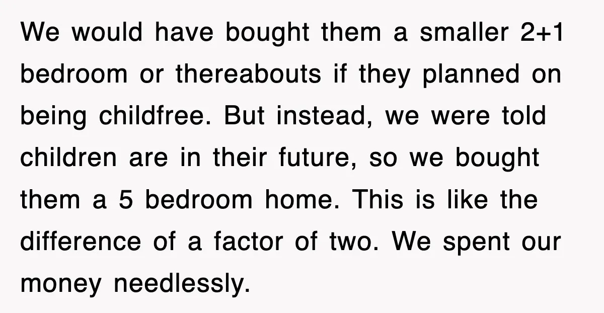 We would have bought them a smaller 2+1 bedroom or thereabouts if they planned on being childfree. But instead, we were told children are in their future, so we bought...