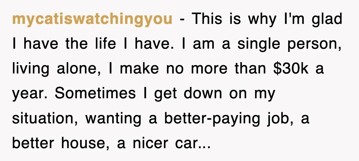 mycatiswatchingyou − This is why I'm glad I have the life I have. I am a single person, living alone, I make no more than $30k a year. Sometimes I...