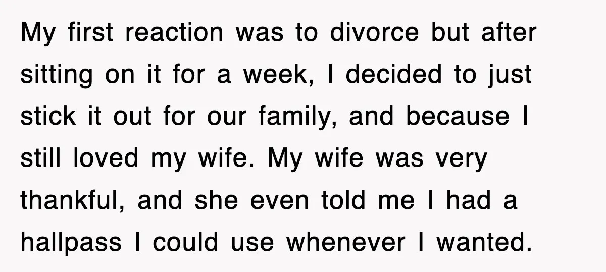 My first reaction was to divorce but after sitting on it for a week, I decided to just stick it out for our family, and because I still loved my...