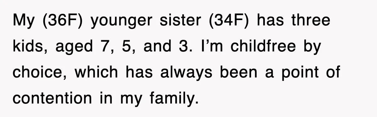 My (36F) younger sister (34F) has three kids, aged 7, 5, and 3. I’m childfree by choice, which has always been a point of contention in my family.