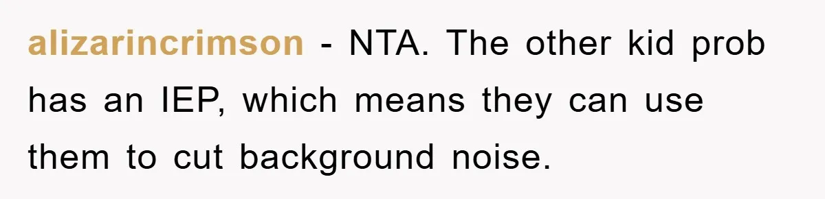 alizarincrimson − NTA. The other kid prob has an IEP, which means they can use them to cut background noise.