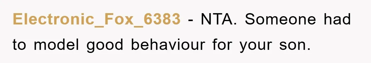 Electronic_Fox_6383 − NTA. Someone had to model good behaviour for your son.