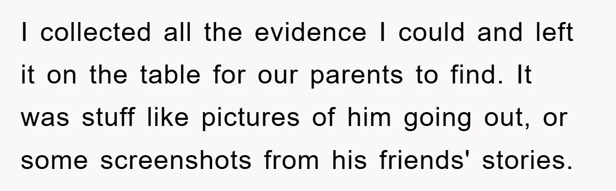 I collected all the evidence I could and left it on the table for our parents to find. It was stuff like pictures of him going out, or some screenshots...