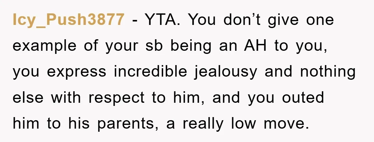 Icy_Push3877 − YTA. You don’t give one example of your sb being an AH to you, you express incredible jealousy and nothing else with respect to him, and you outed...