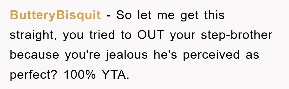 ButteryBisquit − So let me get this straight, you tried to OUT your step-brother because you're jealous he's perceived as perfect? 100% YTA.