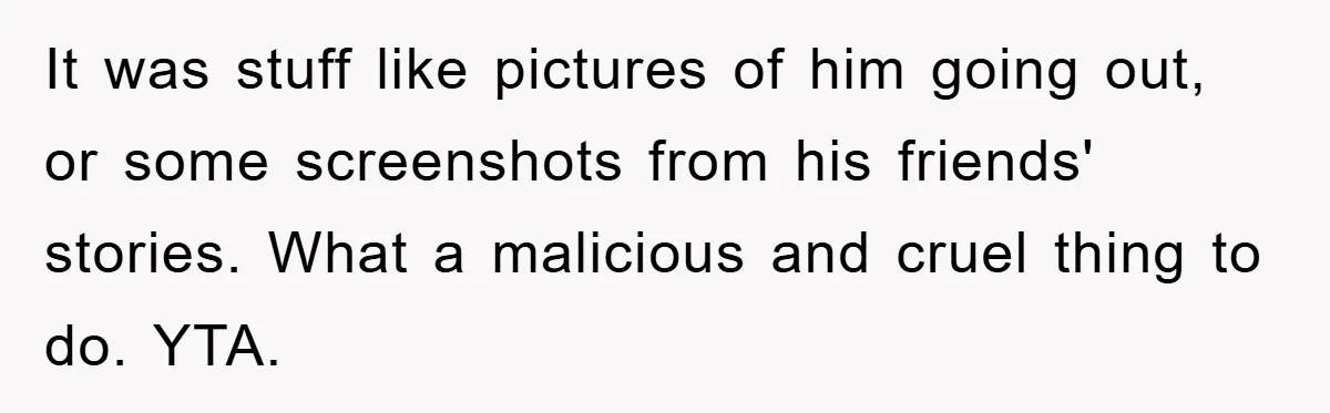 It was stuff like pictures of him going out, or some screenshots from his friends' stories. What a malicious and cruel thing to do. YTA.