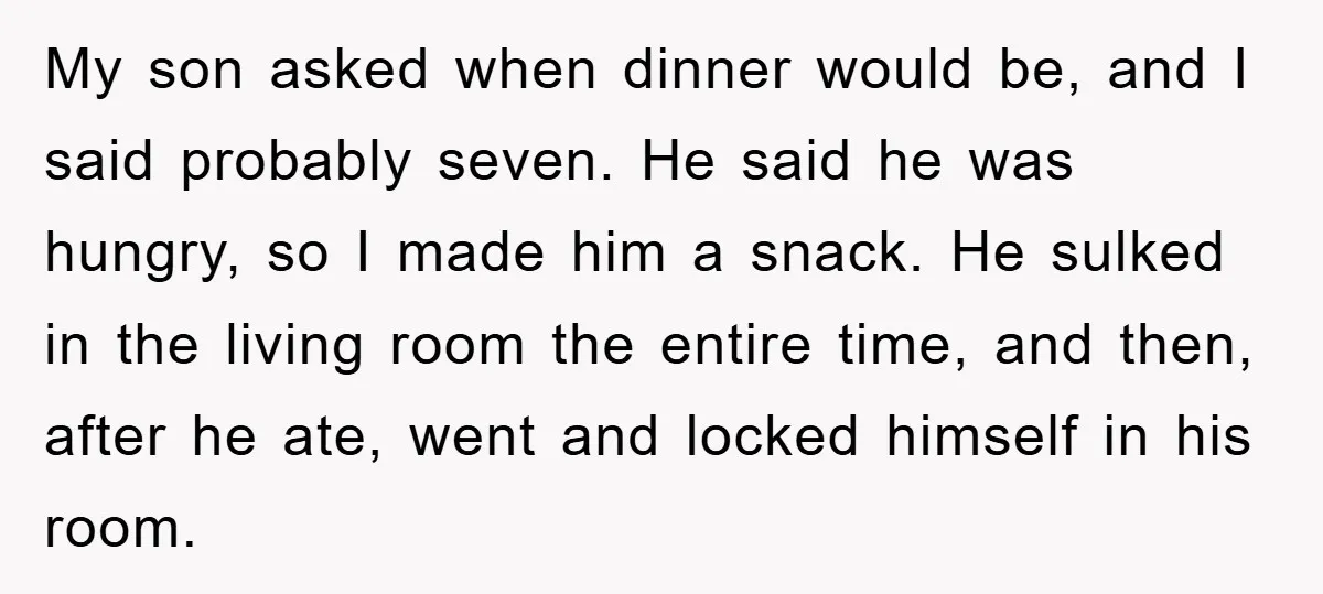 My son asked when dinner would be, and I said probably seven. He said he was hungry, so I made him a snack. He sulked in the living room the...