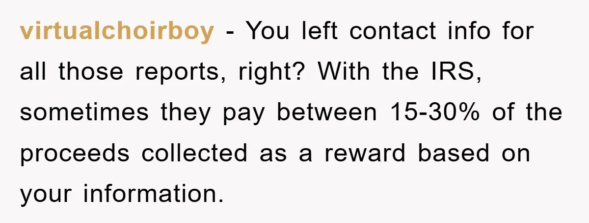 virtualchoirboy − You left contact info for all those reports, right? With the IRS, sometimes they pay between 15-30% of the proceeds collected as a reward based on your information.