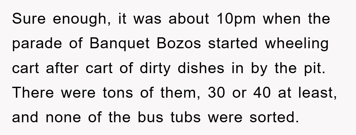 Sure enough, it was about 10pm when the parade of Banquet Bozos started wheeling cart after cart of dirty dishes in by the pit. There were tons of them, 30...