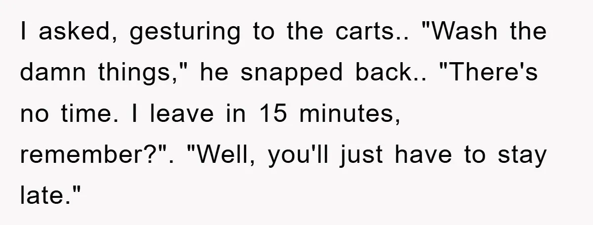 I asked, gesturing to the carts.. "Wash the damn things," he snapped back.. "There's no time. I leave in 15 minutes, remember?". "Well, you'll just have to stay late."