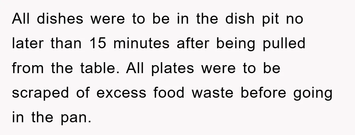 All dishes were to be in the dish pit no later than 15 minutes after being pulled from the table. All plates were to be scraped of excess food waste...
