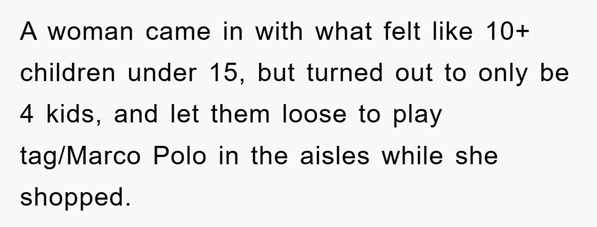 A woman came in with what felt like 10+ children under 15, but turned out to only be 4 kids, and let them loose to play tag/Marco Polo in the...