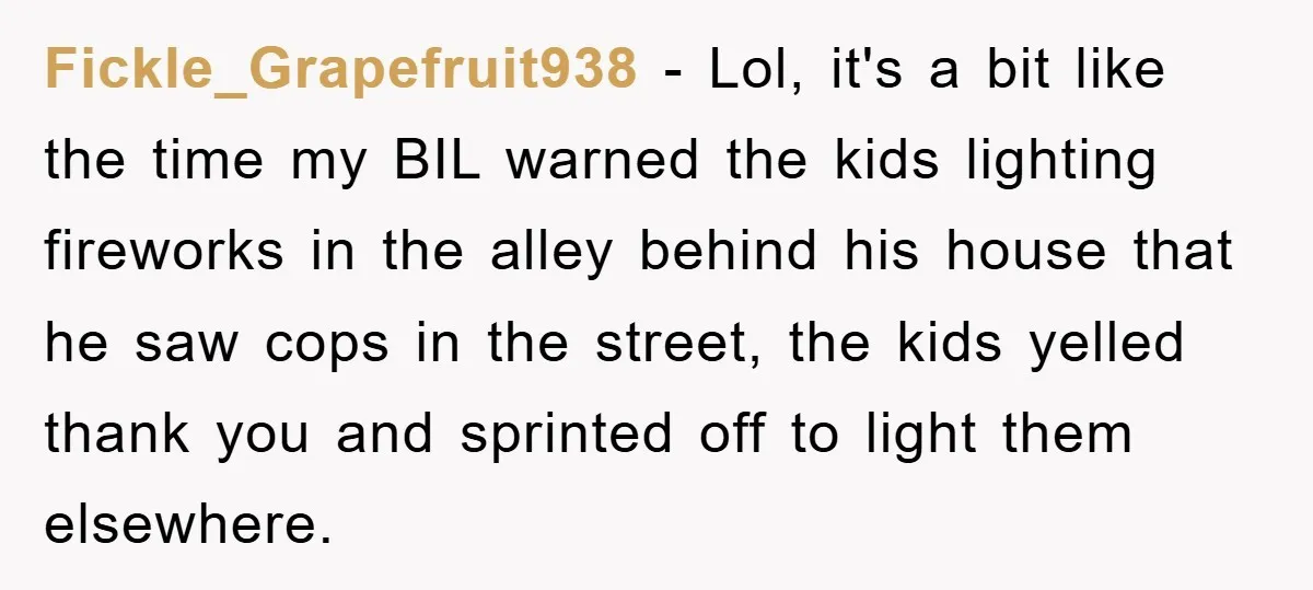Fickle_Grapefruit938 − Lol, it's a bit like the time my BIL warned the kids lighting fireworks in the alley behind his house that he saw cops in the street, the...