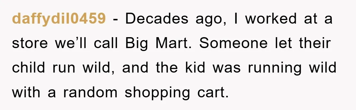 daffydil0459 − Decades ago, I worked at a store we’ll call Big Mart. Someone let their child run wild, and the kid was running wild with a random shopping cart.