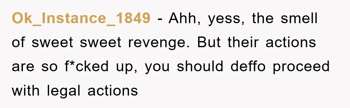 Ok_Instance_1849 − Ahh, yess, the smell of sweet sweet revenge. But their actions are so f*cked up, you should deffo proceed with legal actions