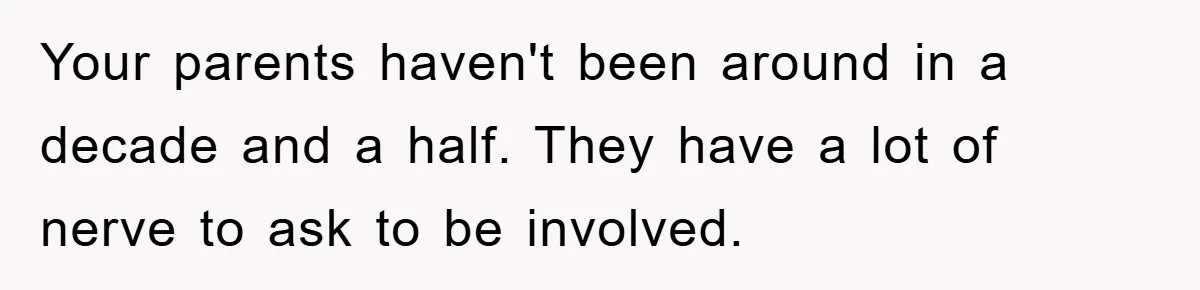 Your parents haven't been around in a decade and a half. They have a lot of nerve to ask to be involved.
