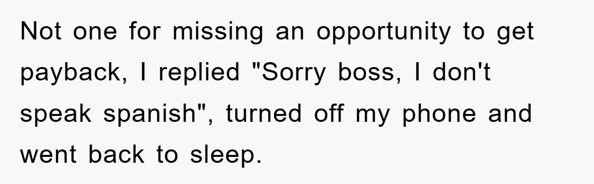 Not one for missing an opportunity to get payback, I replied "Sorry boss, I don't speak spanish", turned off my phone and went back to sleep.