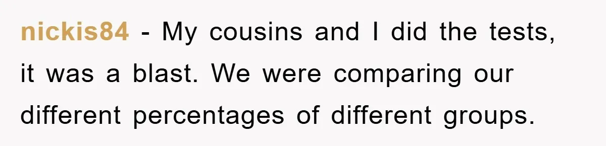 nickis84 − My cousins and I did the tests, it was a blast. We were comparing our different percentages of different groups.