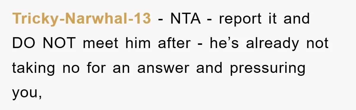 Tricky-Narwhal-13 − NTA - report it and DO NOT meet him after - he’s already not taking no for an answer and pressuring you,