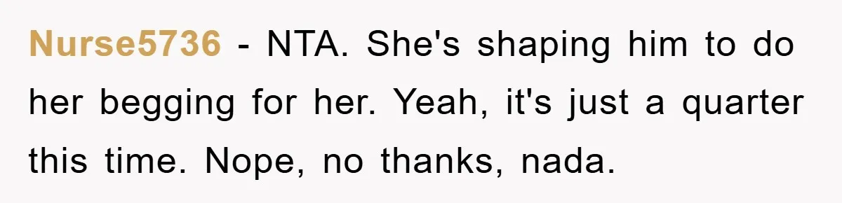 Costco Trip Turns Awkward After Shopper Says No to a Kid’s Quarter Request Nurse5736 − NTA. She's shaping him to do her begging for her. Yeah, it's just a quarter this time. Nope, no thanks, nada.