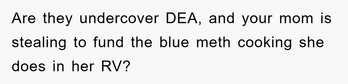 Worker Faces Mom’s Arrest For Stealing At Job Are they undercover DEA, and your mom is stealing to fund the blue meth cooking she does in her RV?