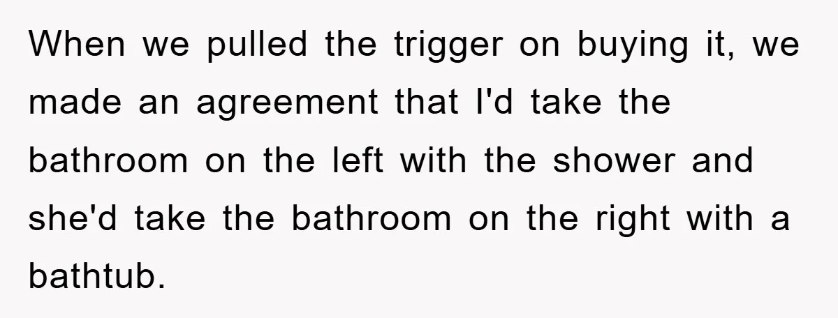 When we pulled the trigger on buying it, we made an agreement that I'd take the bathroom on the left with the shower and she'd take the bathroom on the...