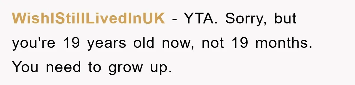 WishIStillLivedInUK − YTA. Sorry, but you're 19 years old now, not 19 months. You need to grow up.